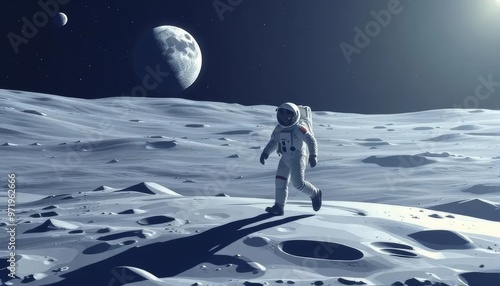 Astronaut Walking on the Moon Under Full Moonlight