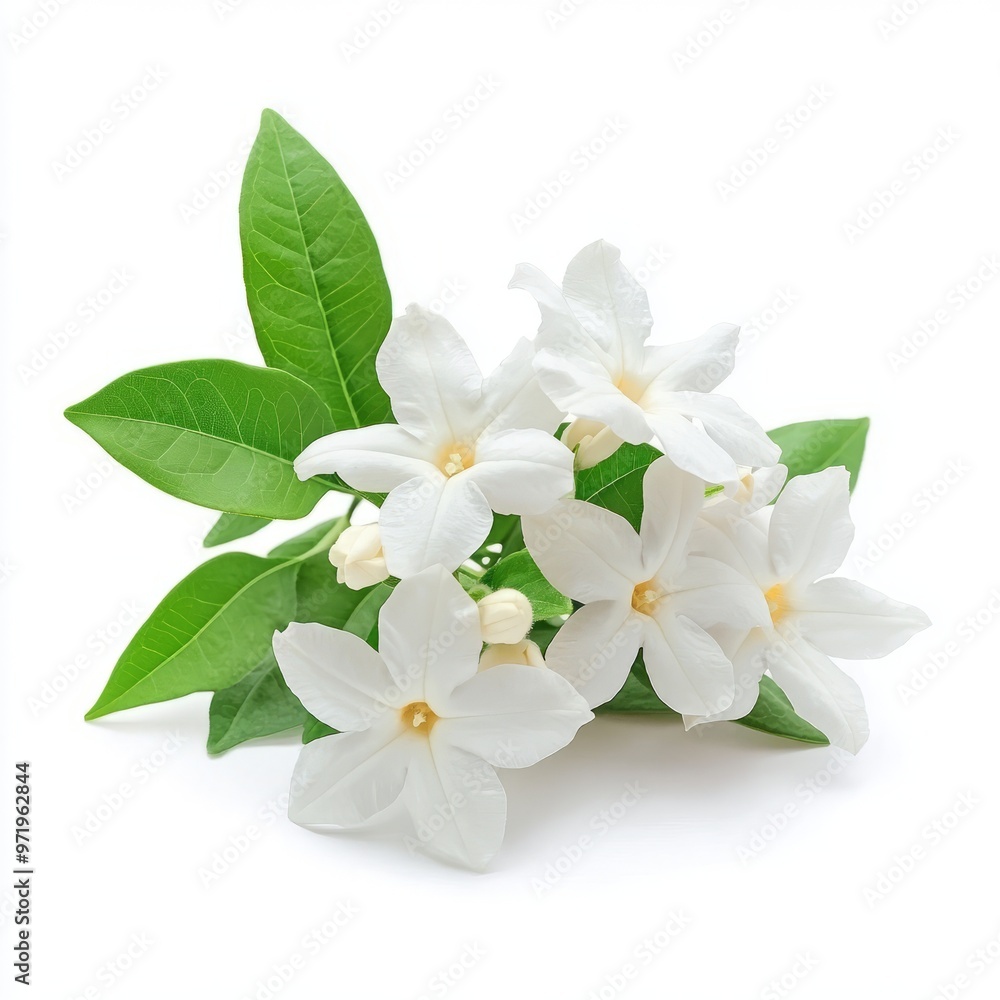 Obraz premium Photo white jasmine with leaves on white isolated background
