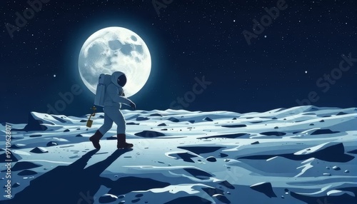 Astronaut Walking on the Moon Under Full Moonlight