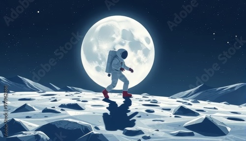 Astronaut Walking on the Moon Under Full Moonlight