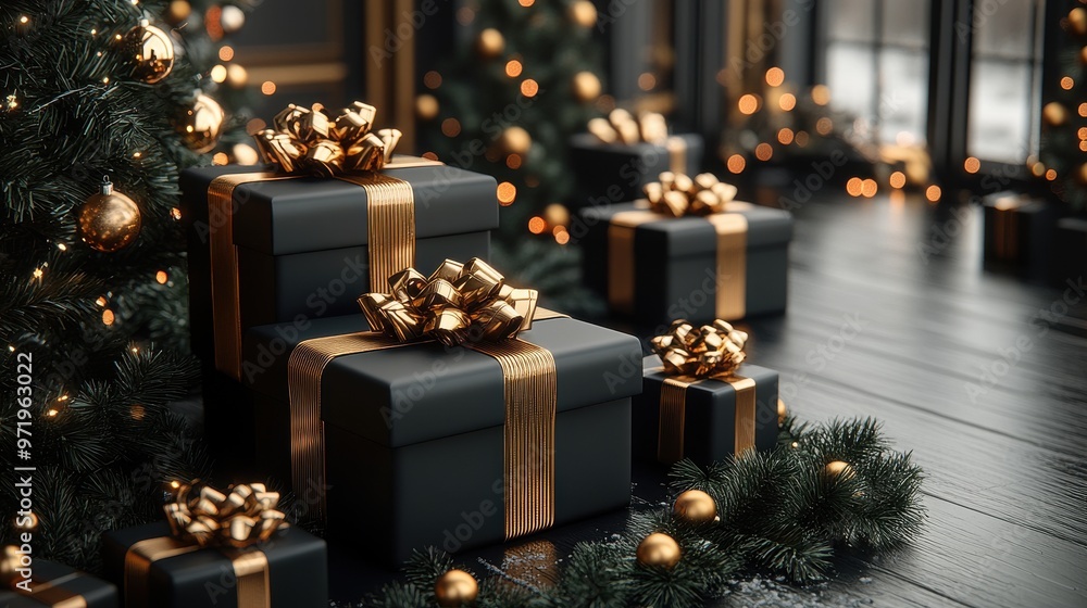 abstract festive backgroun stack of black gift boxes with golden ribbon bows showcase scene with empty stage podium for product presentation black friday concept abstract festive backgroun stack of black gift boxes with golden ribbon bows showcase scene with empty stage podium for product presentation black friday concept