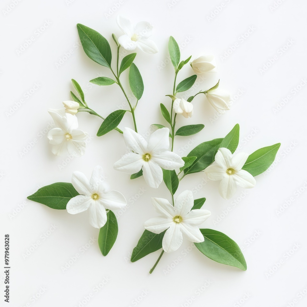 Fototapeta premium Photo white jasmine with leaves on white isolated background