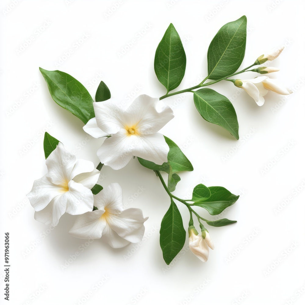 Obraz premium Photo white jasmine with leaves on white isolated background