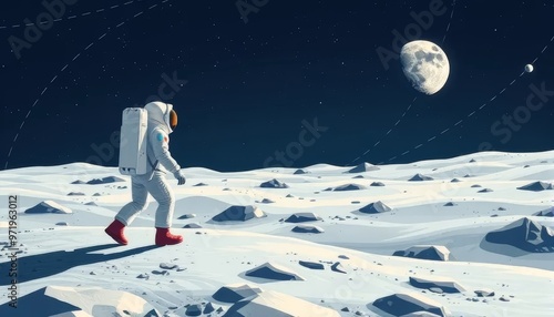 Astronaut Walking on the Moon Under Full Moonlight
