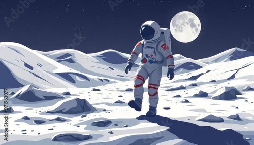 Astronaut Walking on the Moon Under Full Moonlight