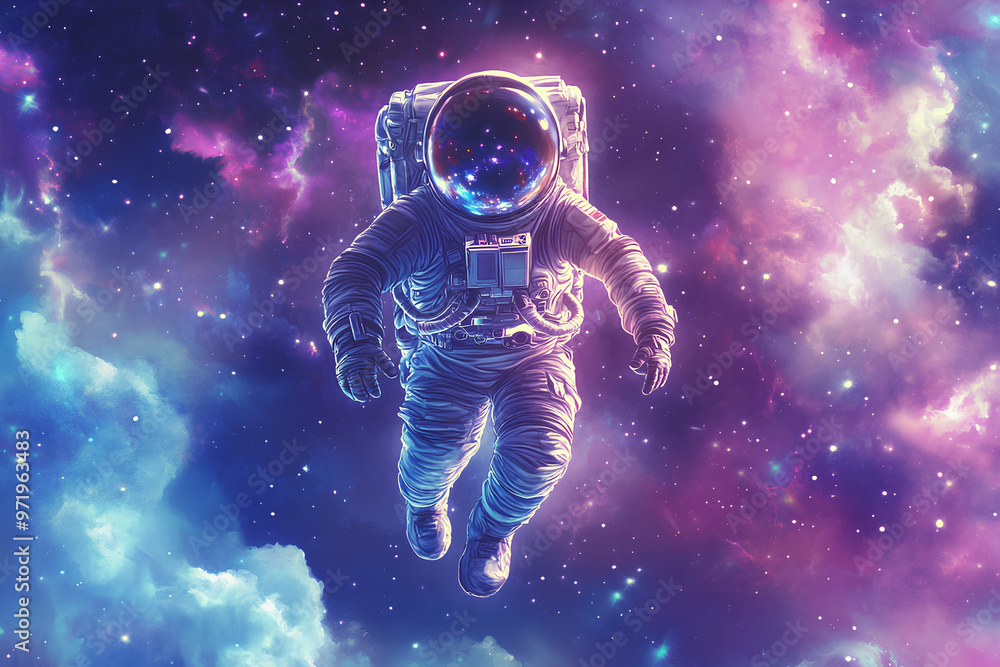An astronaut floats through a vibrant, cosmic space filled with colorful nebulae and stars. An astronaut floats through a vibrant, cosmic space filled with colorful nebulae and stars.