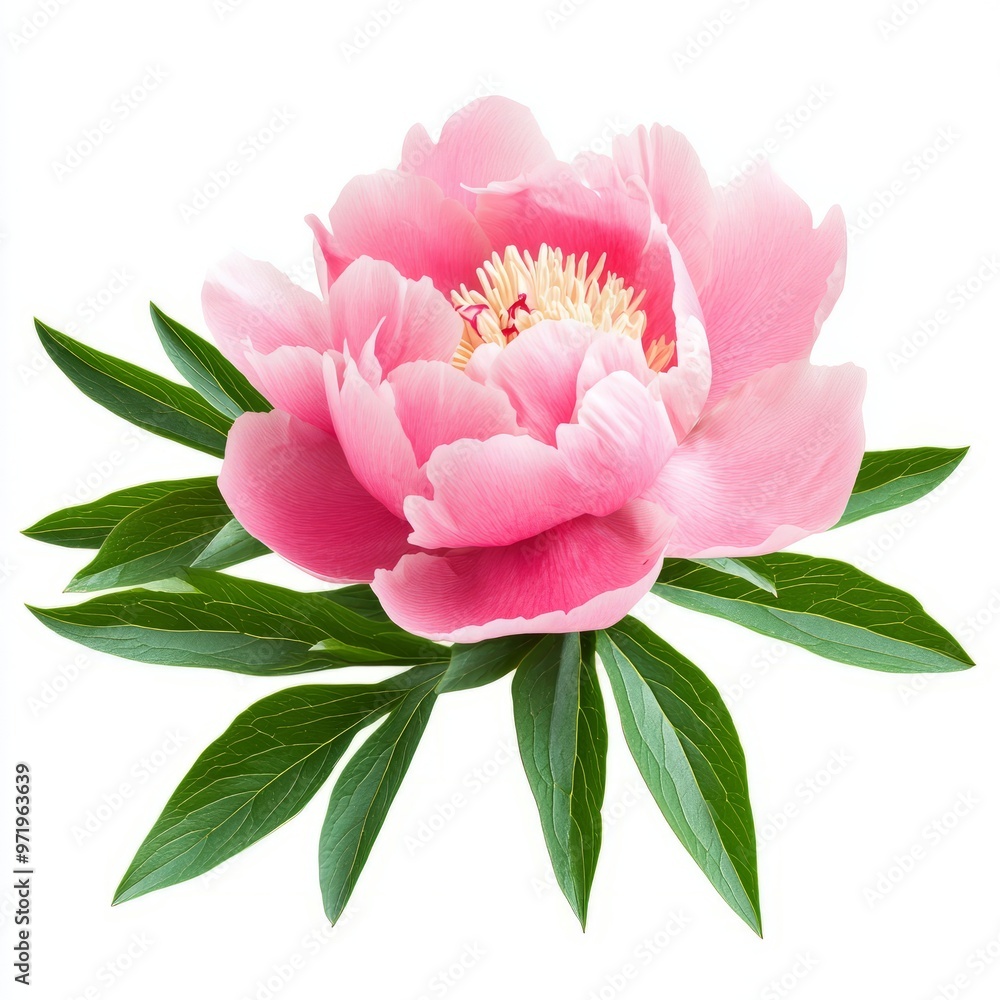Peony flower with leaves close up marco good for design. Isolated on white background Peony flower with leaves close up marco good for design. Isolated on white background