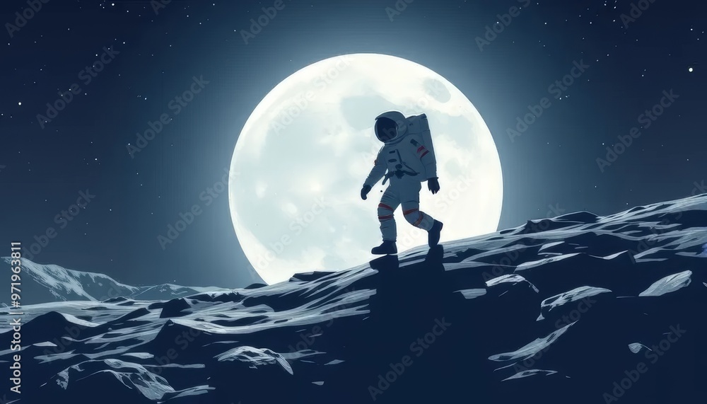 Fototapeta premium Astronaut Walking on the Moon Under Full Moonlight