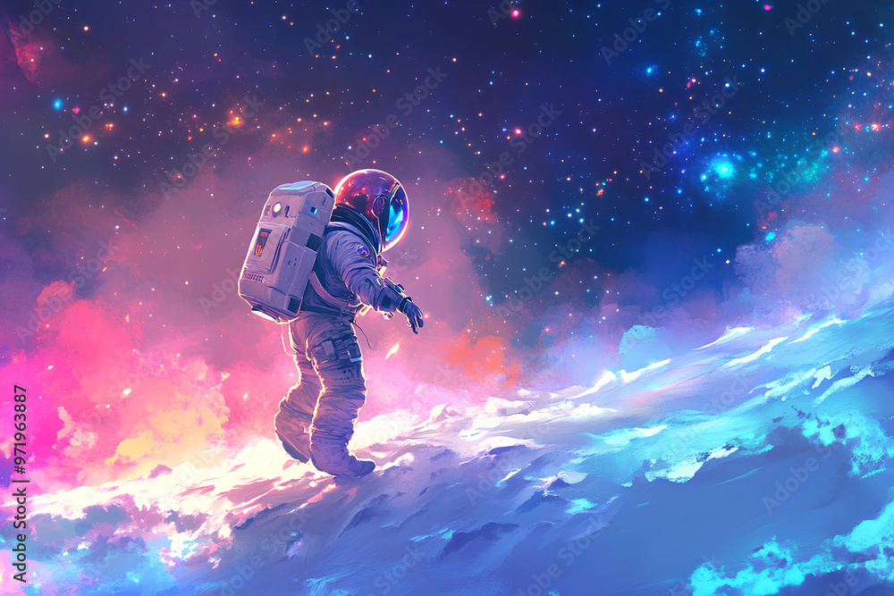 Naklejka premium An astronaut explores a colorful, cosmic landscape filled with stars and vibrant nebulae.
