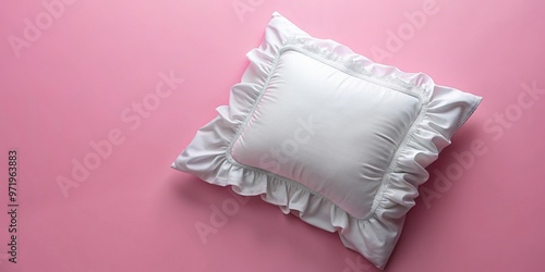 White ruffled pillow on pink background with coordinated walls Fisheye photo