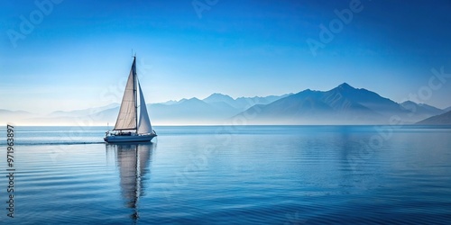 White sailboat sailing on blue sea with mountains in the background