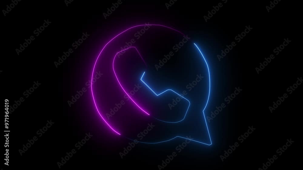 neon line glowing call icon message icon purple cyan color animation on black background. neon line glowing call icon message icon purple cyan color animation on black background.