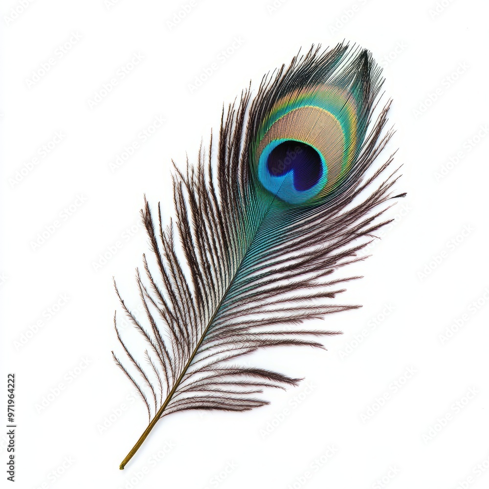 Obraz premium majestic peacock feather close up marco good for design. Isolated on white background