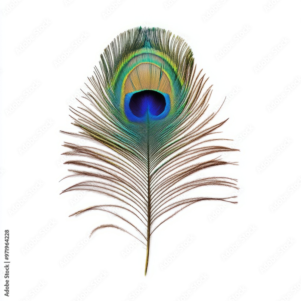 Obraz premium majestic peacock feather close up marco good for design. Isolated on white background