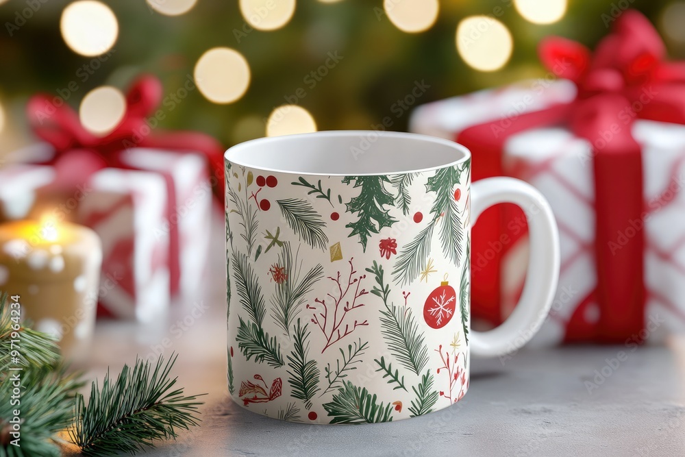 White Mug with Christmas Tree and Berry Design White Mug with Christmas Tree and Berry Design