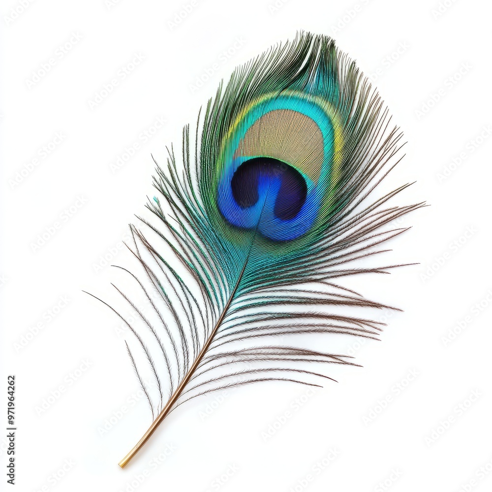 Obraz premium majestic peacock feather close up marco good for design. Isolated on white background