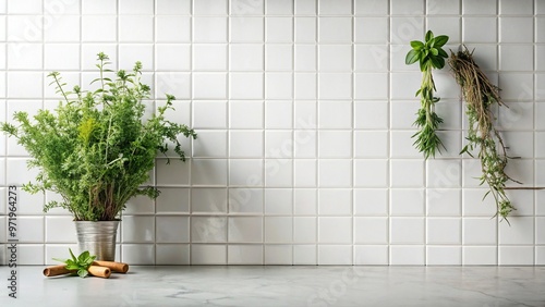 White tile kitchen wall background with fresh herbs and flowers silhouette photo