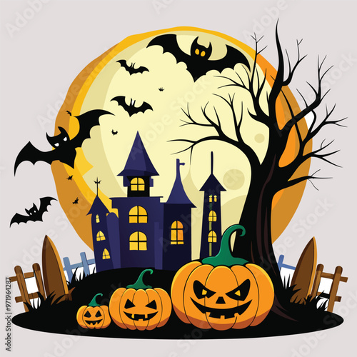 Free Vector hd halloween scene with pumpkins batsand full moo white background generative ai
