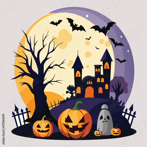 Free Vector hd halloween scene with pumpkins batsand full moo white background generative ai