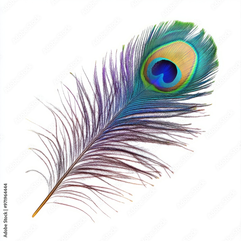 Obraz premium majestic peacock feather close up marco good for design. Isolated on white background