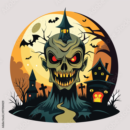 Free Vector hd halloween scene with pumpkins batsand full moo white background generative ai