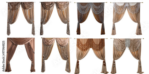 Luxurious draped curtains with beads in various styles isolated on transparent background photo