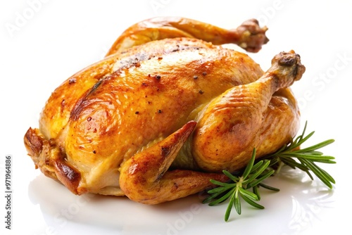 Whole fresh roasted chicken on white background photo