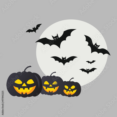 Free Vector hd halloween scene with pumpkins batsand full moo white background generative ai