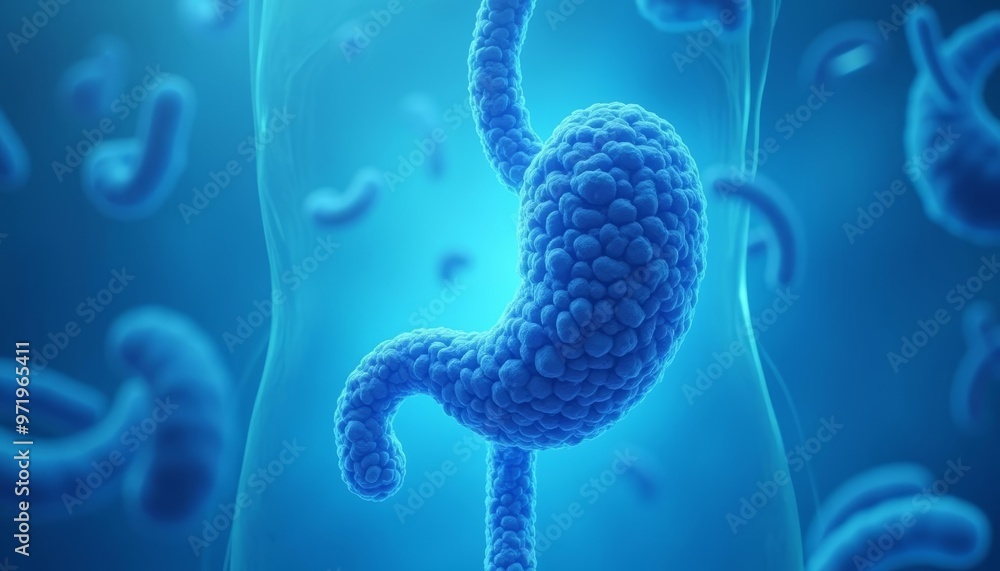 3D rendering of a human stomach with blue cells and bacteria 3D rendering of a human stomach with blue cells and bacteria