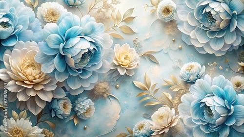 Fototapeta Naklejka Na Ścianę i Meble -  Wide-Angle abstract light blue and gold voluminous peonies floral mural background