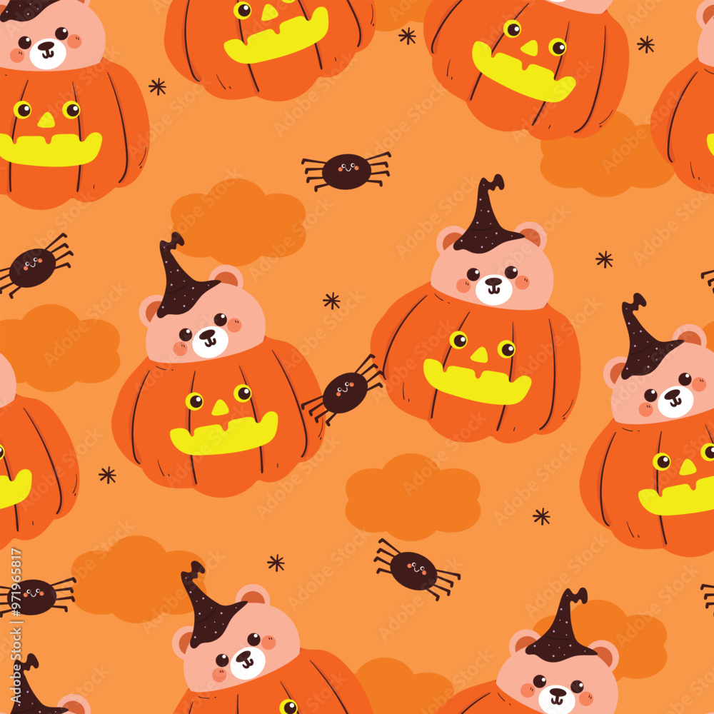 Naklejka premium seamless pattern cartoon bear with pumpkin and ghost for halloween. cute halloween wallpaper for fabric print, gift wrap paper