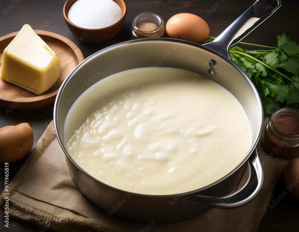 preparation of bechamel sauce in a pan and ingredients preparation of bechamel sauce in a pan and ingredients