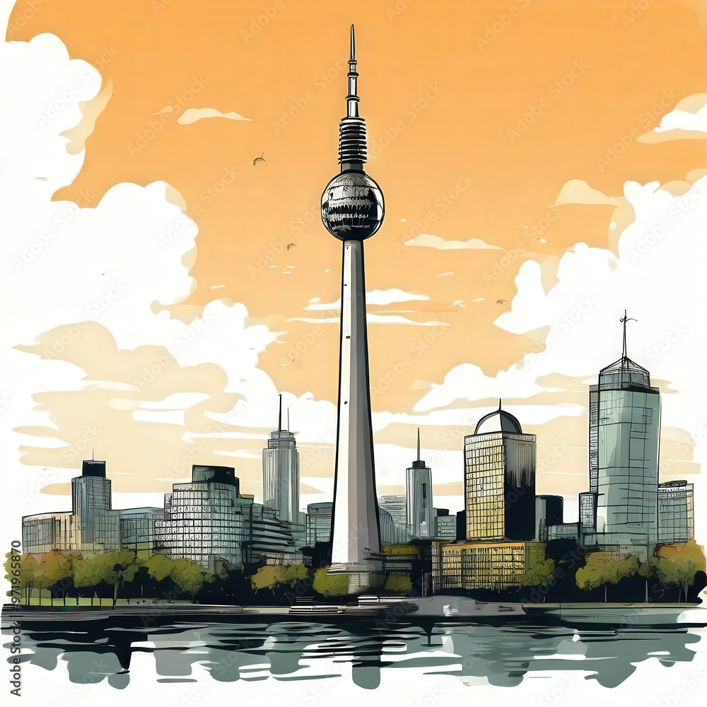 Fototapeta premium the AI Image Generator, a painting of a city with a tv tower