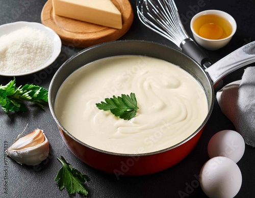 preparation of bechamel sauce in a pan and ingredients photo