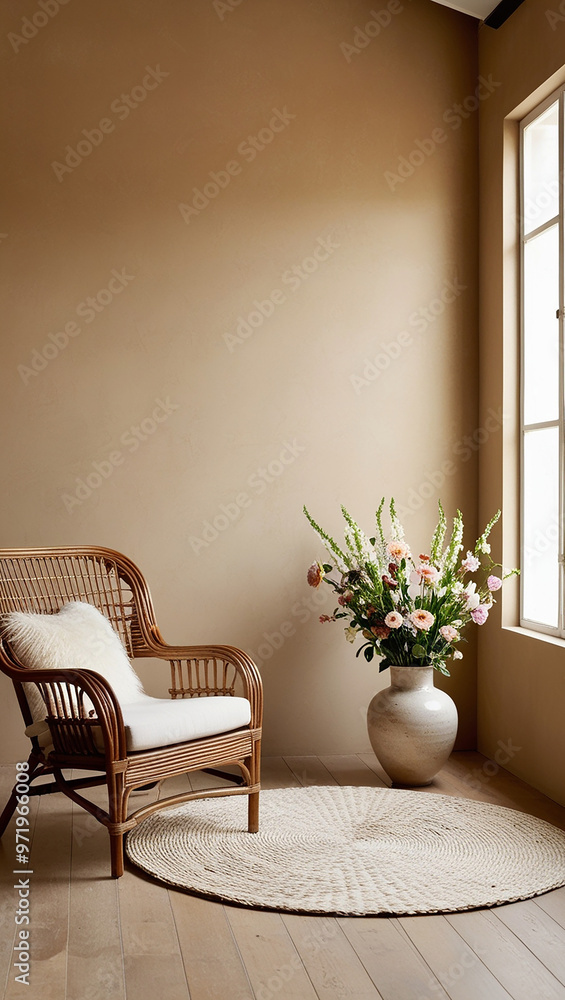 A wicker armchair, a vase of flowers, and beige wall, all lit by daylight—a perfect design inspiration A wicker armchair, a vase of flowers, and beige wall, all lit by daylight—a perfect design inspiration