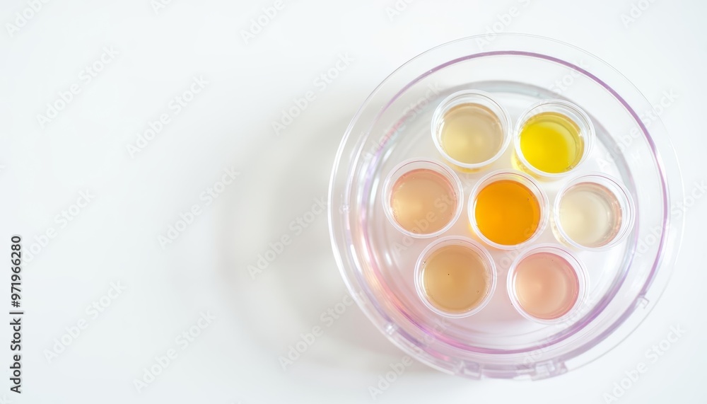A collection of colorful liquids in a circular tray A collection of colorful liquids in a circular tray