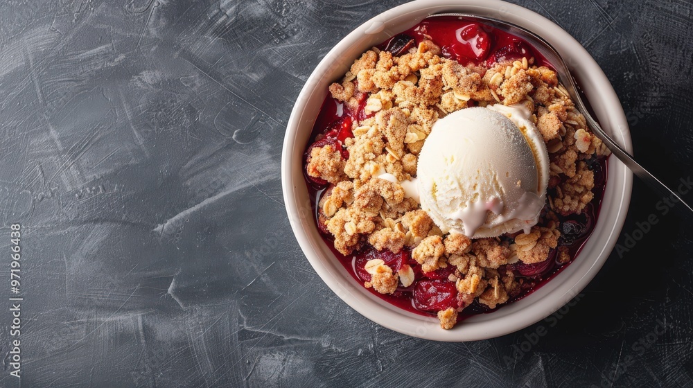Warm Cherry Crumble with Vanilla Ice Cream on Sleek Grey Background Warm Cherry Crumble with Vanilla Ice Cream on Sleek Grey Background