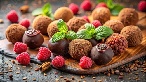 Wide-Angle Homemade Chocolate Truffles with Fresh Raspberries and Almonds