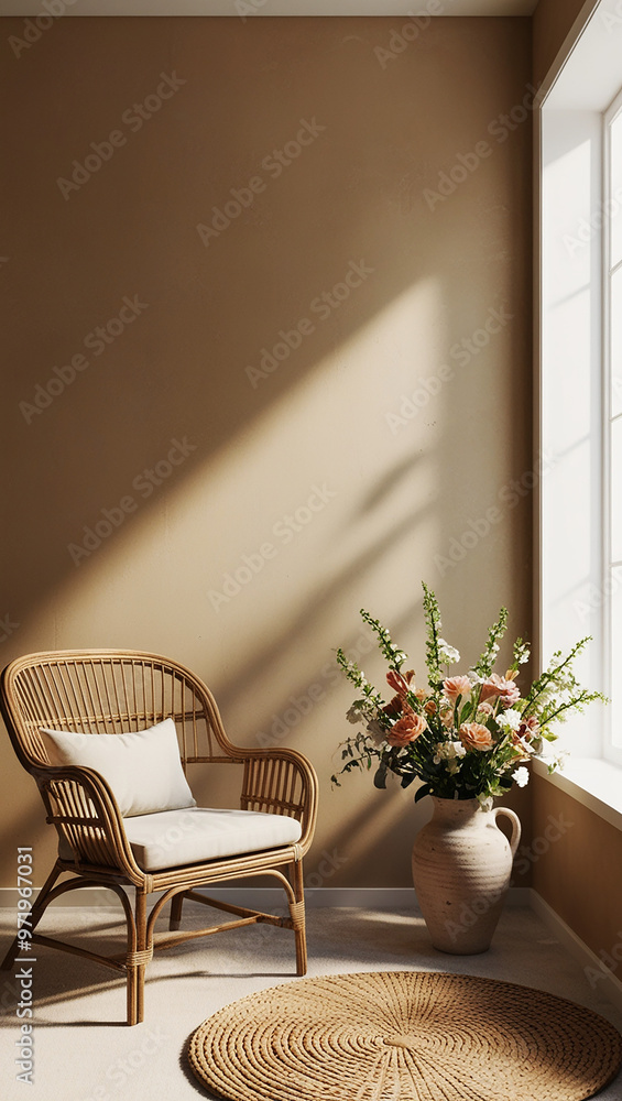 A wicker armchair, a vase of flowers, and beige wall, all lit by daylight—a perfect design inspiration A wicker armchair, a vase of flowers, and beige wall, all lit by daylight—a perfect design inspiration