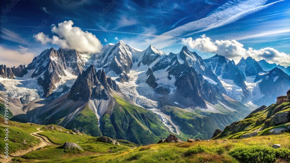 Naklejka premium Wide-angle panorama of Mont Blanc massive mountains