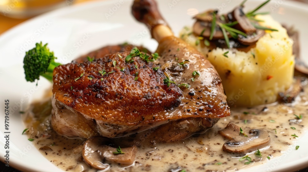 Gourmet Duck Legs Confit with Creamy Potato Gratin and Savory Mushroom Sauce Gourmet Duck Legs Confit with Creamy Potato Gratin and Savory Mushroom Sauce