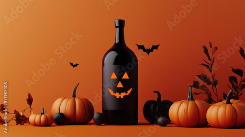 orange halloween background with jack o lantern pumpkins bats autumn leaves black orange space for text wine bottle photo