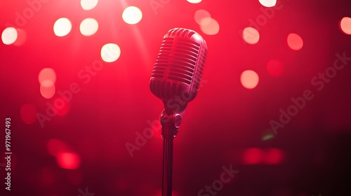 A Vintage Microphone on a Stage with Red Lights and Bokeh