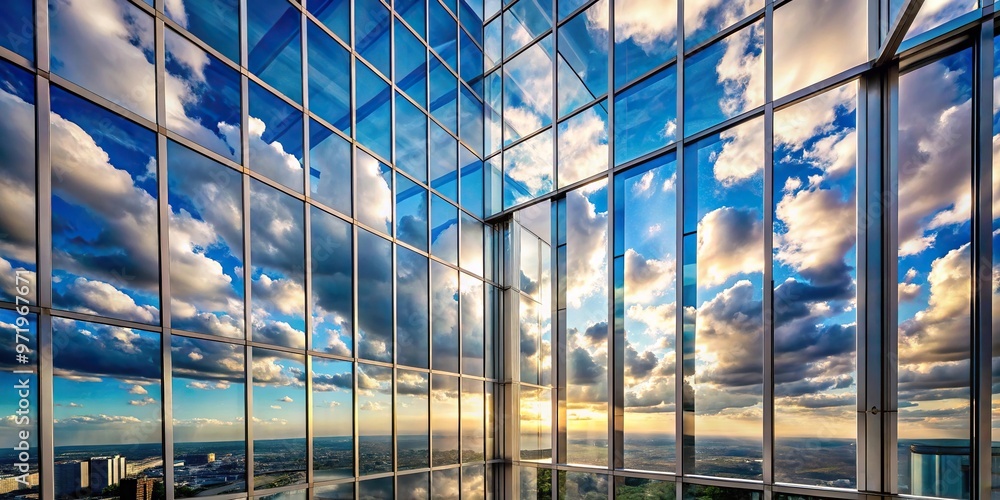 Wide-angle reflection of the sky in mirror windows of skyscraper Wide-angle reflection of the sky in mirror windows of skyscraper