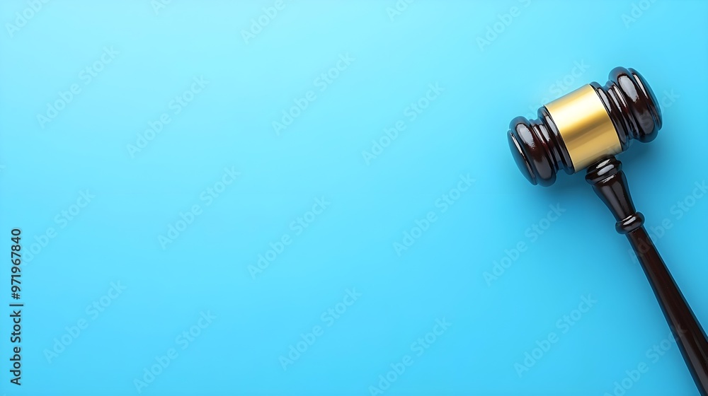 A gavel rests on a blue background, symbolizing justice, law, and authority in a minimalist design. A gavel rests on a blue background, symbolizing justice, law, and authority in a minimalist design.