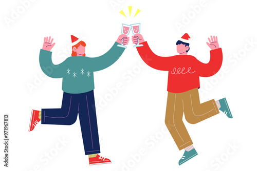 飲み物を持ち乾杯をする若者たち。クリスマスを祝うパーティーを一緒に楽しむ陽気な友人達。漫画のキャラクターベクターイラスト