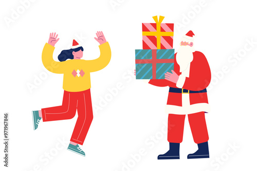 クリスマスプレゼントを持って来たサンタクロースを歓迎する女の子。漫画のキャラクターベクターイラスト