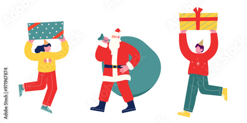 プレゼントを持って来たサンタクロースを歓迎する若者たち。クリスマスを祝うパーティーを一緒に楽しむ陽気な友人達。漫画のキャラクターベクターイラスト
