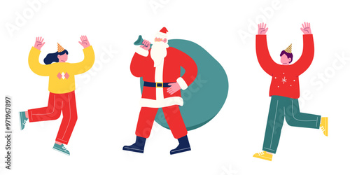 プレゼントを持って来たサンタクロースを歓迎する若者たち。クリスマスを祝うパーティーを一緒に楽しむ陽気な友人達。漫画のキャラクターベクターイラスト