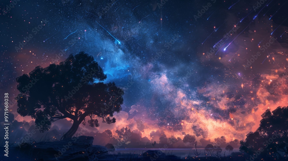 Awesome meteor shower in the night sky Awesome meteor shower in the night sky